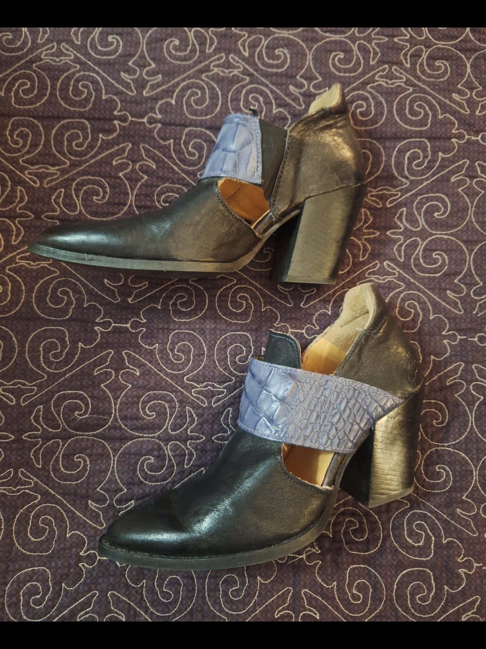 Fluevog Entrance Room 502 Black Leather Cutout Heels with Blue Croc Strap